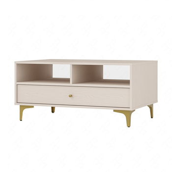 Couchtisch Kioto I beige mit Schublade elegantes Design verstärkt mit einem Metallsockel in Gold Farbe subtilen Griff