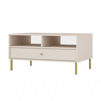 Couchtisch Kioto II beige mit Schublade elegantes Design mit Metallbeinen in Gold Farbe subtilen Griff verstärkt