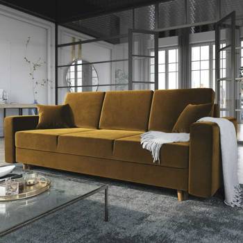 Das Kent Senfsofa mit Schlaffunktion im traditionellen und skandinavischen Stil passt perfekt in jedes Interieur und verleiht dem Sofa Finesse und Charakter