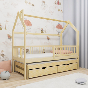 Dyzio Kinderbett 80x180 cm Kiefer 2-Personen-Ausziehbett für Kinderzimmer Holzhausbett mit geräumigen Schubladen