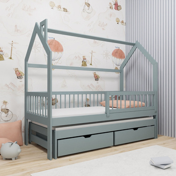 Dyzio Kinderbett 90x200 cm grau 2-Personen-Ausziehbett für Kinderzimmer Holzhüttenbett mit geräumigen Schubladen