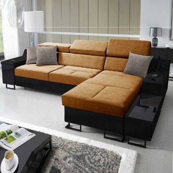 Ecksofa mit Schlaffunktion Alcamo honig/schwarz rechts elegantes und stilvolles Ecksofa mit einer ausziehbaren praktischen Schublade an der Seite des Möbels