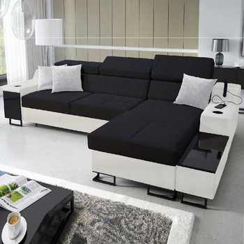 Ecksofa mit Schlaffunktion Alcamo schwarz/weiß rechts elegantes Ecksofa mit einer ausziehbaren praktischen Schublade an der Seite des Möbels