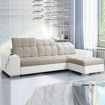 Ecksofa mit Schlaffunktion Luigi beige / weiß rechtes Ecksofa mit zwei Bettkästen Stoff mit interessanter Struktur