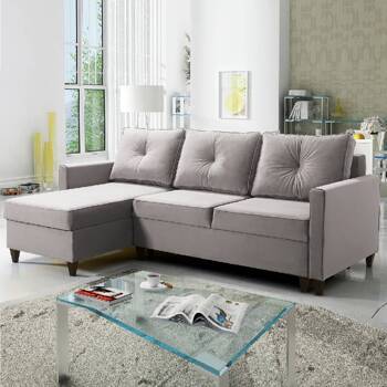 Ecksofa mit Schlaffunktion Terni grau grau Esche linke Ecke praktisches und funktionelles Sofa mit geräumigen Behältern für Bettzeug