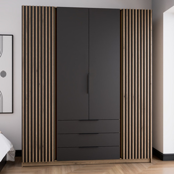 Kleiderschrank Kastano IV 200 cm Eiche evoke / schwarz modernes Design Kleiderschranktür mit Eiche evoke Lamellen dekoriert Metallgriffe