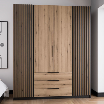 Kleiderschrank Kastano IV 200 cm schwarz / Eiche evoke modernes Design Kleiderschranktür mit schwarzen Lamellen verziert Metallkante Griffe