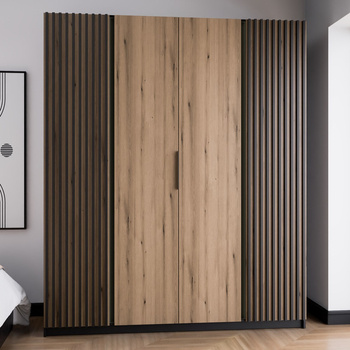 Kleiderschrank Kastano XI 200 cm schwarz / Eiche evoke modernes Design Kleiderschranktür mit schwarzen Lamellen verziert stilvolle Kante Griffe