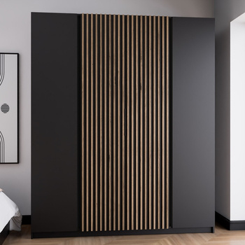 Kleiderschrank Kastano XIII 200 cm schwarz modernes Design Metallkante Griffe Kleiderschranktür mit Eiche verziert evoke Lamellen