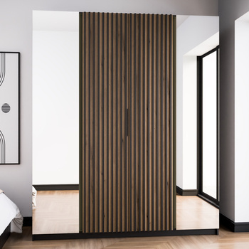 Kleiderschrank mit Spiegel Kastano XIV 200 cm schwarz / Eiche evoke elegantes Design Kleiderschranktür mit schwarzen Lamellen dekoriert Kleiderschrank für Flur