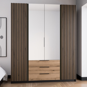 Spiegelschrank Kastano V 200 cm schwarz / Eiche evoke stilvolle Garderobe Design für Flur Garderobentüren mit schwarzen Lamellen verziert