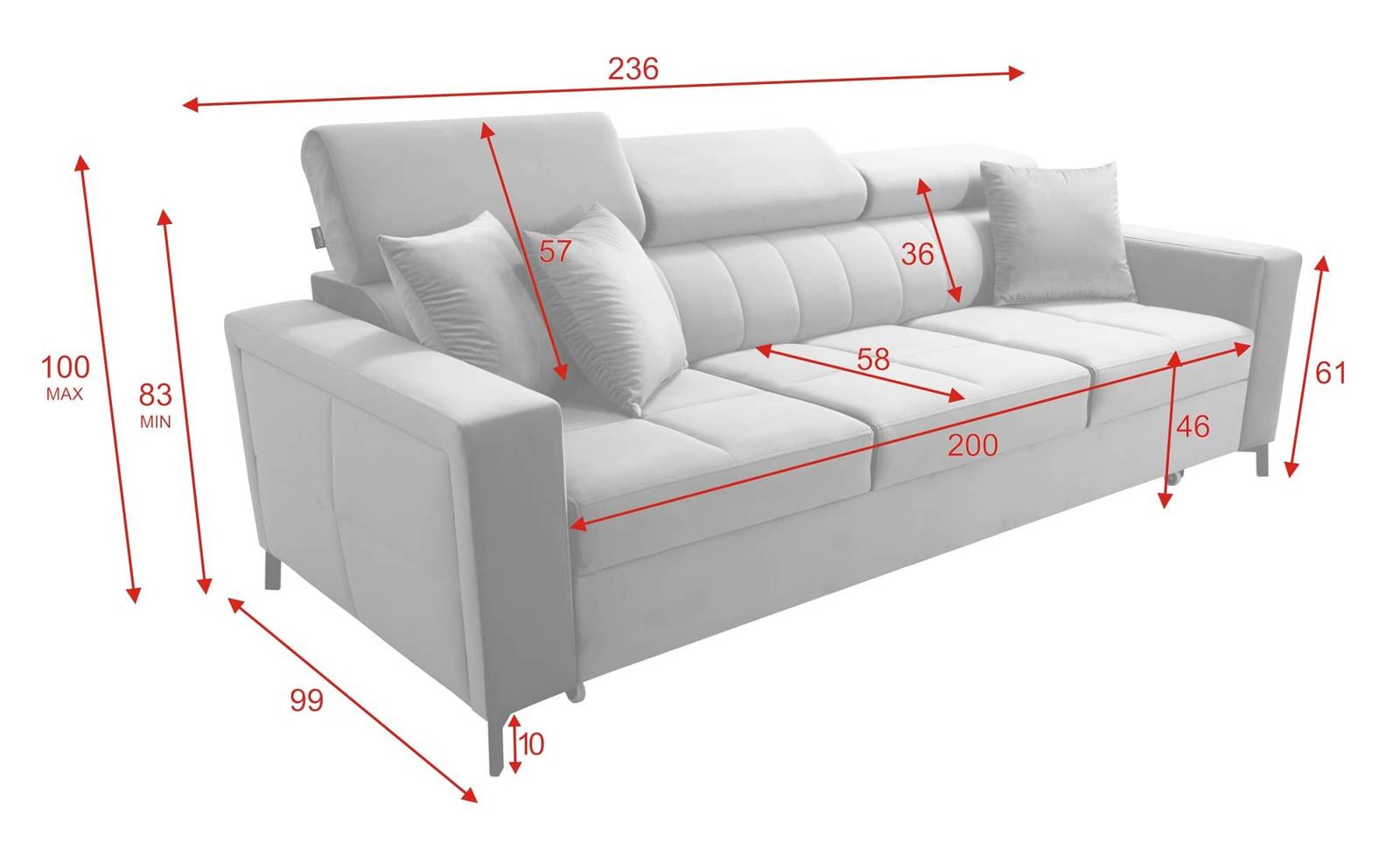 Abmessungen des Nausa Sofas für das Wohnzimmer 