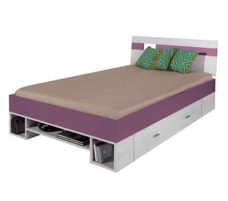 Bett mit Schublade Olib 120x200 cm Kiefer gebleicht / lila modernes Design Bettumrandung mit speziellem ABS-Furnier verarbeitet