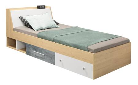 Bett mit Schubladen Cary 120x200 cm Biskuit Eiche / weiß / Beton modernes Design Bett Umrandung mit speziellen ABS-Furnier Lagerung im Kopfteil beendet