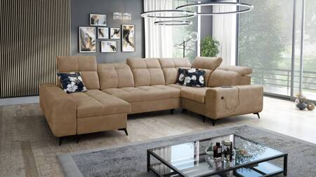 Buffalo IV Schlafsofa dunkelbeige linke Ecke Schlafsofa mit zwei Bettzeug Container Velours Stoff