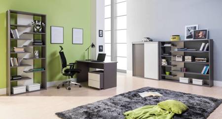 Büromöbelset Yugo in Esche grau/weiß glänzend, ideal für ein Büro oder Arbeitszimmer in einem trendigen und modernen Stil