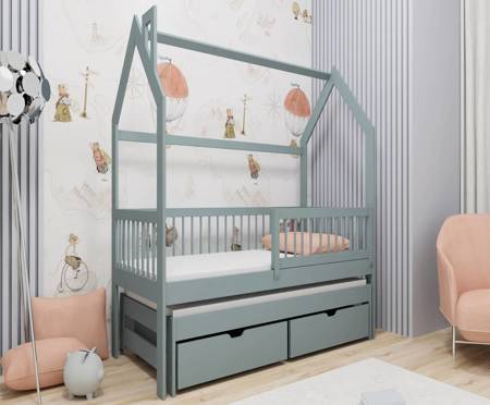 Dyzio Kinderbett 70x140 cm grau 2-Personen-Ausziehbett für Kinderzimmer Holzhüttenbett mit geräumigen Schubladen