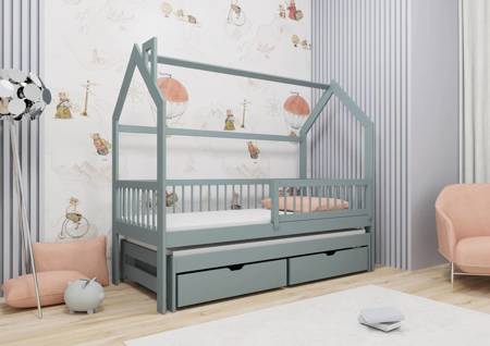 Dyzio Kinderbett 80x190 cm grau 2-Personen-Ausziehbett für Kinderzimmer Holzhüttenbett mit geräumigen Schubladen