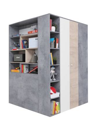 Eck-Kleiderschrank Epsilon Beton / Weiß / Eiche ideal als Nutz- und geräumiger Kleiderschrank mit Schubladen und Einlegeböden