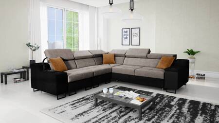 Ecksofa mit Schlaffunktion Alcamo III grau-braun/schwarz links Funktions-Ecksofa mit einer Schublade in der Seite zwei Behälter für Bettzeug