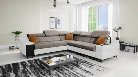 Ecksofa mit Schlaffunktion Alcamo III grau-braun/weiß rechts Funktions-Ecksofa mit Schublade in der Seite zwei Behälter für Bettzeug