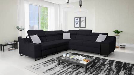 Ecksofa mit Schlaffunktion Alcamo III schwarz links funktionelles und stilvolles Ecksofa mit Schublade in der Seite zwei Behälter für Bettzeug