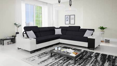 Ecksofa mit Schlaffunktion Alcamo III schwarz/weiß links Funktions-Ecksofa mit einer Schublade in der Seite zwei Behälter für Bettzeug