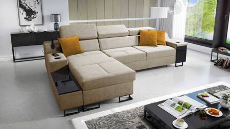 Ecksofa mit Schlaffunktion Alcamo beige links elegantes und stilvolles Ecksofa mit einer ausziehbaren praktischen Schublade an der Seite des Möbels