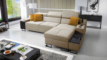 Ecksofa mit Schlaffunktion Alcamo beige rechte Ecke elegantes und stilvolles Ecksofa mit einer ausziehbaren praktischen Schublade an der Seite des Möbels