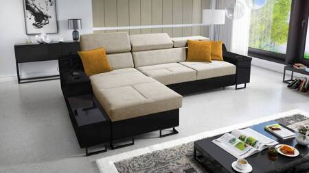 Ecksofa mit Schlaffunktion Alcamo beige/schwarz links elegantes und stilvolles Ecksofa mit einer ausziehbaren praktischen Schublade an der Seite des Möbels