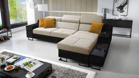 Ecksofa mit Schlaffunktion Alcamo beige/schwarz rechts elegantes und stilvolles Ecksofa mit einer ausziehbaren praktischen Schublade an der Seite des Möbels