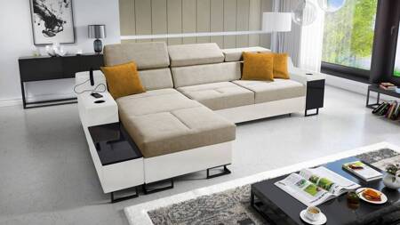 Ecksofa mit Schlaffunktion Alcamo beige/weiß links elegantes und stilvolles Ecksofa mit einer ausziehbaren praktischen Schublade an der Seite des Möbels