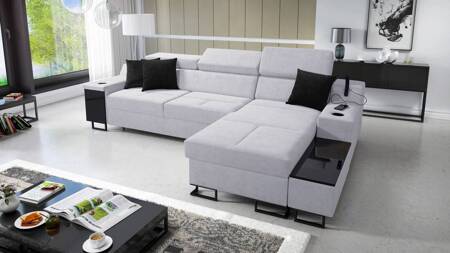 Ecksofa mit Schlaffunktion Alcamo grau Esche rechts elegantes und stilvolles Ecksofa mit einer praktischen Schublade in der Seite des Möbels