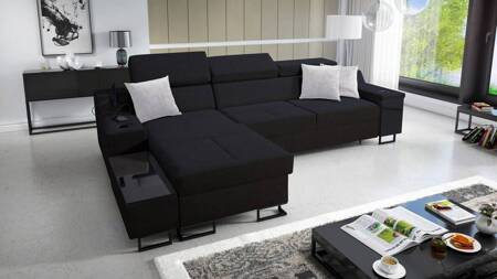 Ecksofa mit Schlaffunktion Alcamo schwarz links elegantes und stilvolles Ecksofa mit einer ausziehbaren praktischen Schublade an der Seite des Möbels