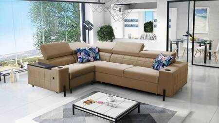 Ecksofa mit Schlaffunktion Belvi II dunkelbeige links elegantes und ergonomisches Ecksofa für das Wohnzimmer praktischer Stauraum an der Seite