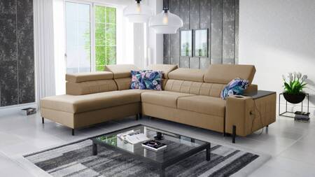 Ecksofa mit Schlaffunktion Belvi III dunkelbeige links bequemes und elegantes Ecksofa für das Wohnzimmer mit praktischem Stauraum an der Seite