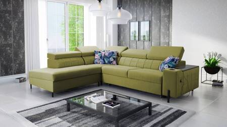 Ecksofa mit Schlaffunktion Belvi III oliv links bequemes und elegantes Ecksofa für das Wohnzimmer mit einem praktischen Staufach in der Seite