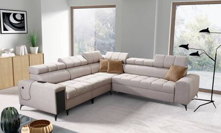 Ecksofa mit Schlaffunktion Bolmso III beige linkes Ecksofa mit Bettzeugcontainer Vollauszug in der Seite des Möbels