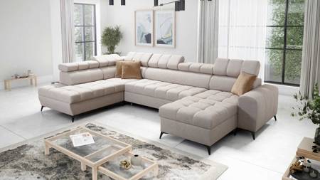 Ecksofa mit Schlaffunktion Bolmso VI beige rechtsseitiges bequemes Ecksofa mit verstellbaren Kopfstützen Ziersteppung auf der Sitzfläche