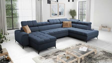 Ecksofa mit Schlaffunktion Bolmso VI blau links bequemes Ecksofa mit verstellbaren Kopfstützen dekorative Steppung auf der Sitzfläche