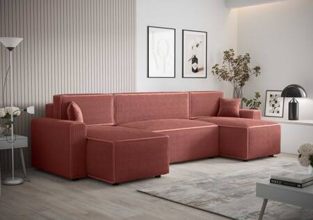 Ecksofa mit Schlaffunktion Brandon U Bis Indisch rosa Bettzeugcontainer dreidimensionaler Stoff mit ausdrucksvollen Streifen weiche Armlehnen