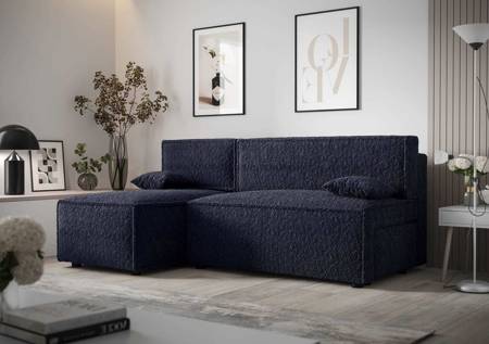 Ecksofa mit Schlaffunktion Brandon navy blue linke Seite weicher Stoff mit charakteristischer Schleifenoberfläche Bettzeugbehälter