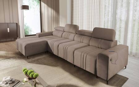 Ecksofa mit Schlaffunktion Castel XII hellbraun linke Seite stilvolles und bequemes Ecksofa für Wohnzimmer funktionelle verstellbare Kopfstützen