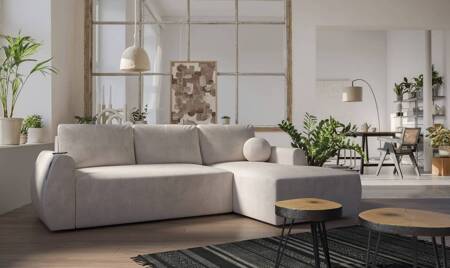 Ecksofa mit Schlaffunktion Colio beige rechte Seite stilvolles Ecksofa mit interessanter Form Velourstoff Zierkissen Ball