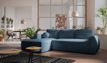 Ecksofa mit Schlaffunktion Colio blau linke Seite stilvolles Ecksofa mit interessanter Form Veloursstoff Zierkissen Ball