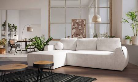 Ecksofa mit Schlaffunktion Colio creme linke Seite stilvolles Ecksofa mit interessanter Form Veloursstoff Zierkissen Ball