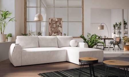 Ecksofa mit Schlaffunktion Colio creme rechts stilvolles Ecksofa mit interessanter Form Veloursstoff Zierkissen Ball