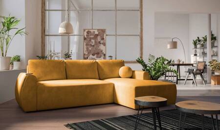 Ecksofa mit Schlaffunktion Colio gelb rechts stilvolles Ecksofa mit interessanter Form Velourstoff Zierkissen Ball