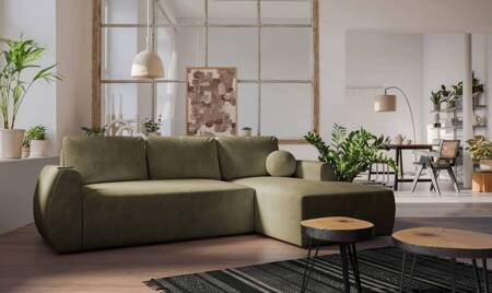 Ecksofa mit Schlaffunktion Colio oliv rechts stilvolles Ecksofa mit interessanter Form Veloursstoff Zierkissen Ball