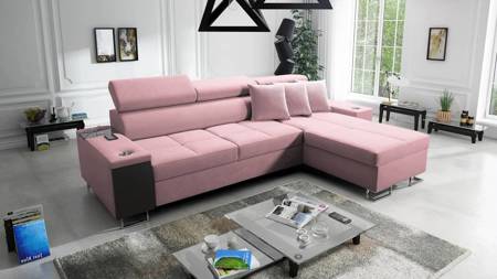 Ecksofa mit Schlaffunktion Dafni Indischem Rosa rechtsseitig aus Samt bietet Komfort und Funktionalität während der täglichen Erholung